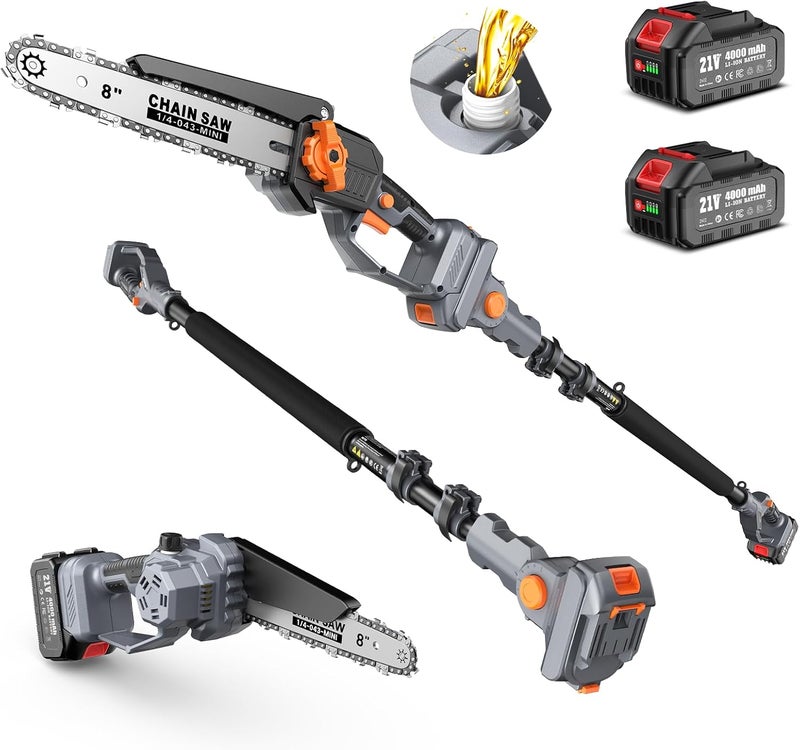 TaskStar 2-in-1 Pole Saw for Tree Trimming, 8 Inch Cordless Mini Chainsaw with Extension Pole, Brushless Motor, with 2 x 4.0 Ah Batteries & Charger, Auto Lubrication, 15 Ft Max Reach - Image 1